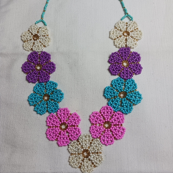 Handmade Accessories - Floral Beaded Necklace in Purple, Blue, Pink, and Cream